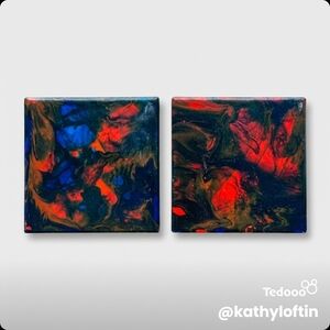 Abstract Resin Tile Pair in Red, Blue & Black